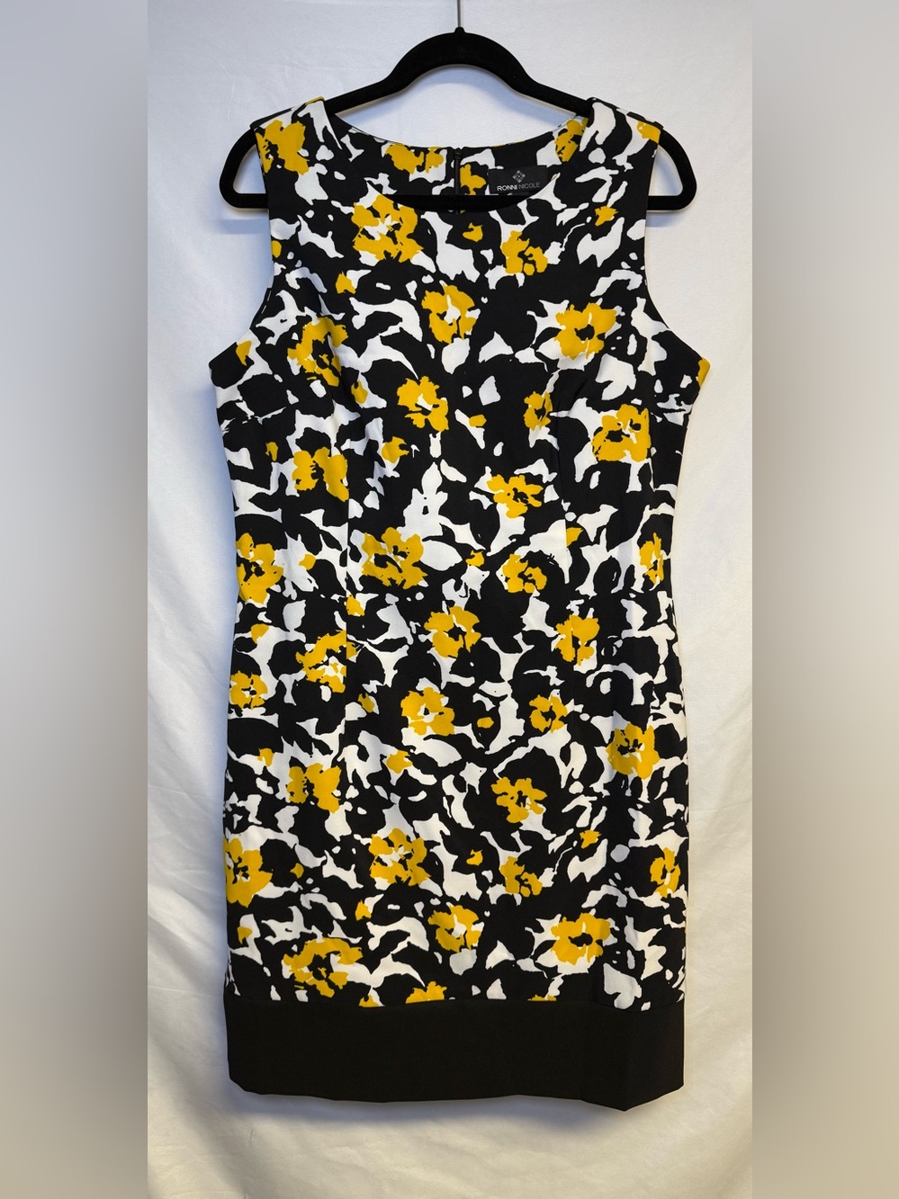 Ronni Nicole Black Floral Sheath Dress with Yellow and White Print